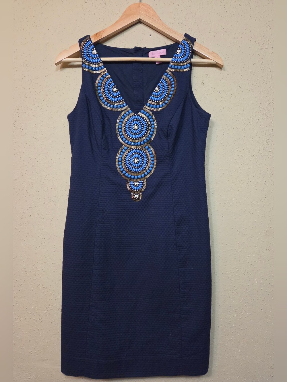Lilly Pulitzer Navy Sheath Dress Womens 2 Beaded V-Neck